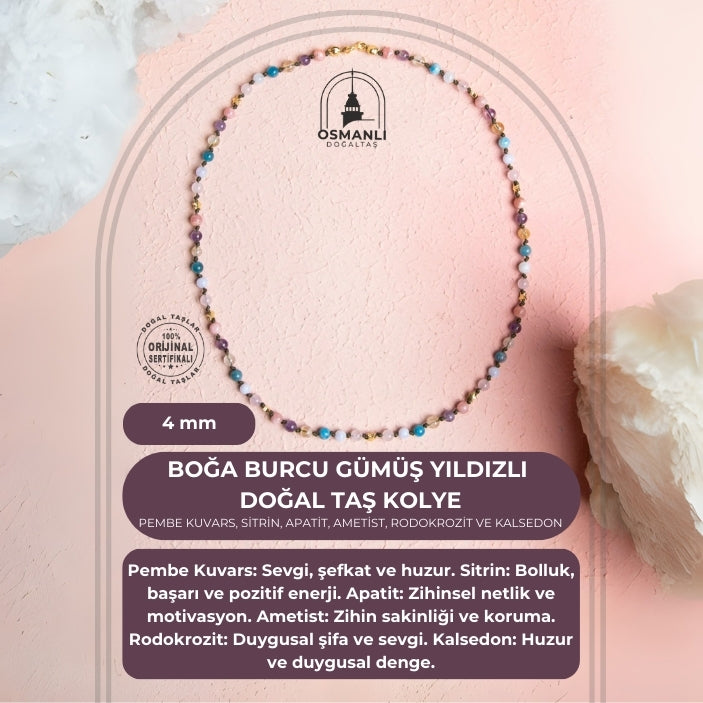 Sertifikalı Boğa Burcu Gümüş Yıldızlı Doğal Taş Kolye