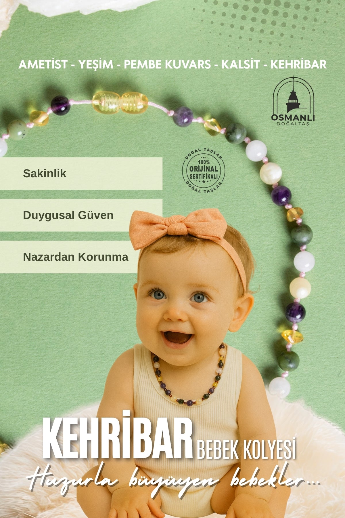 Sertifikalı Bebek Kehribar Kolye- Ametist-kehribar-kalsit-yeşim-pembe Kuvars