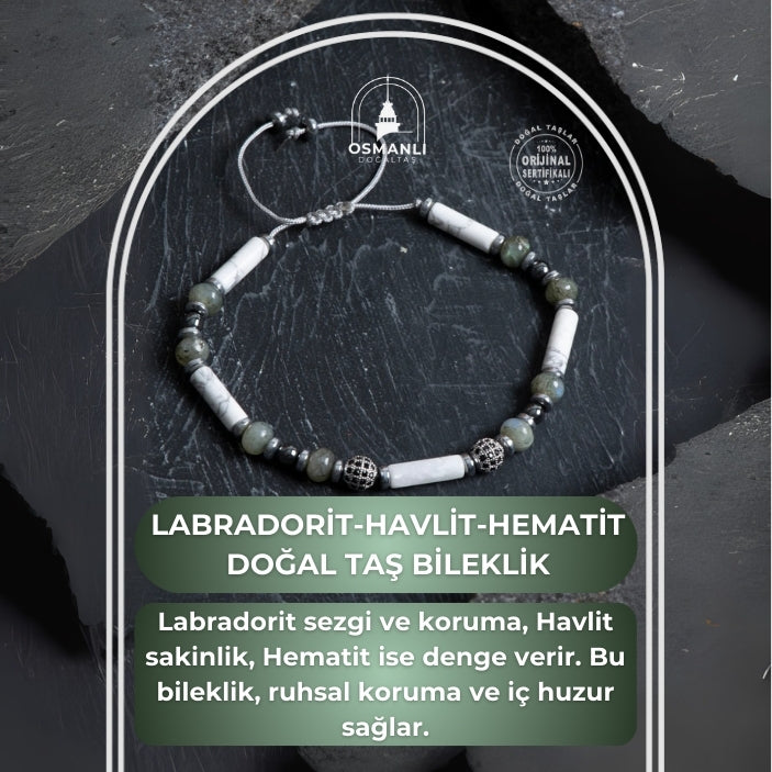 Sertifikalı Labradorit, Havlit, Hematit Doğal Taş Makrome Bileklik