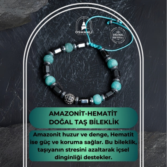 Sertifikalı Amazonit, Hematit Doğal Taş Makrome Bileklik
