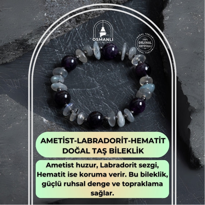 Sertifikalı Ametist, Labradorit Hematit Doğal Taş Bileklik