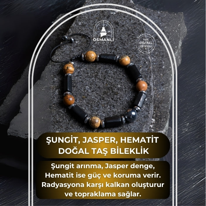 Sertifikalı Şungit, Jasper, Hematit Doğal Taş Makrome Bileklik
