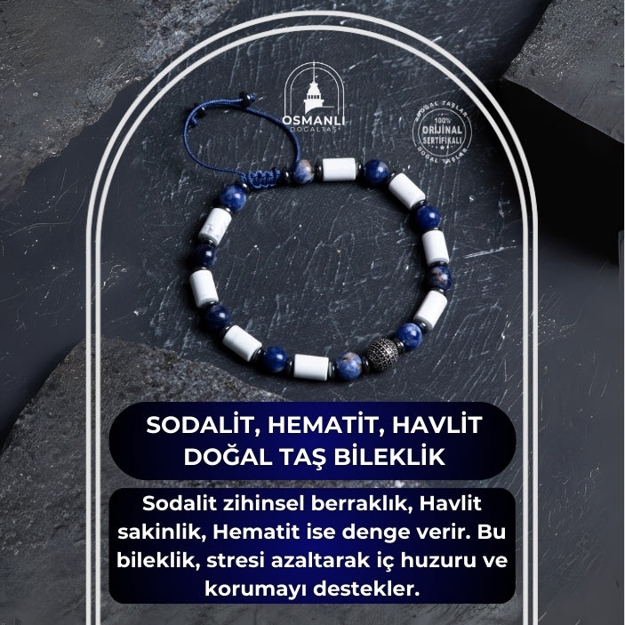 Sertifikalı Sodalit, Hematit, Havlit Gümüş Aparat  Doğal Taş Makrome Bileklik