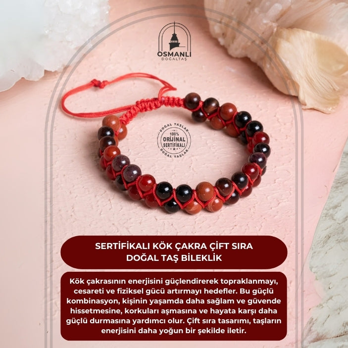 Sertifikalı Kök Çakra Çift Sıra Doğal Taş Makrome Bileklik