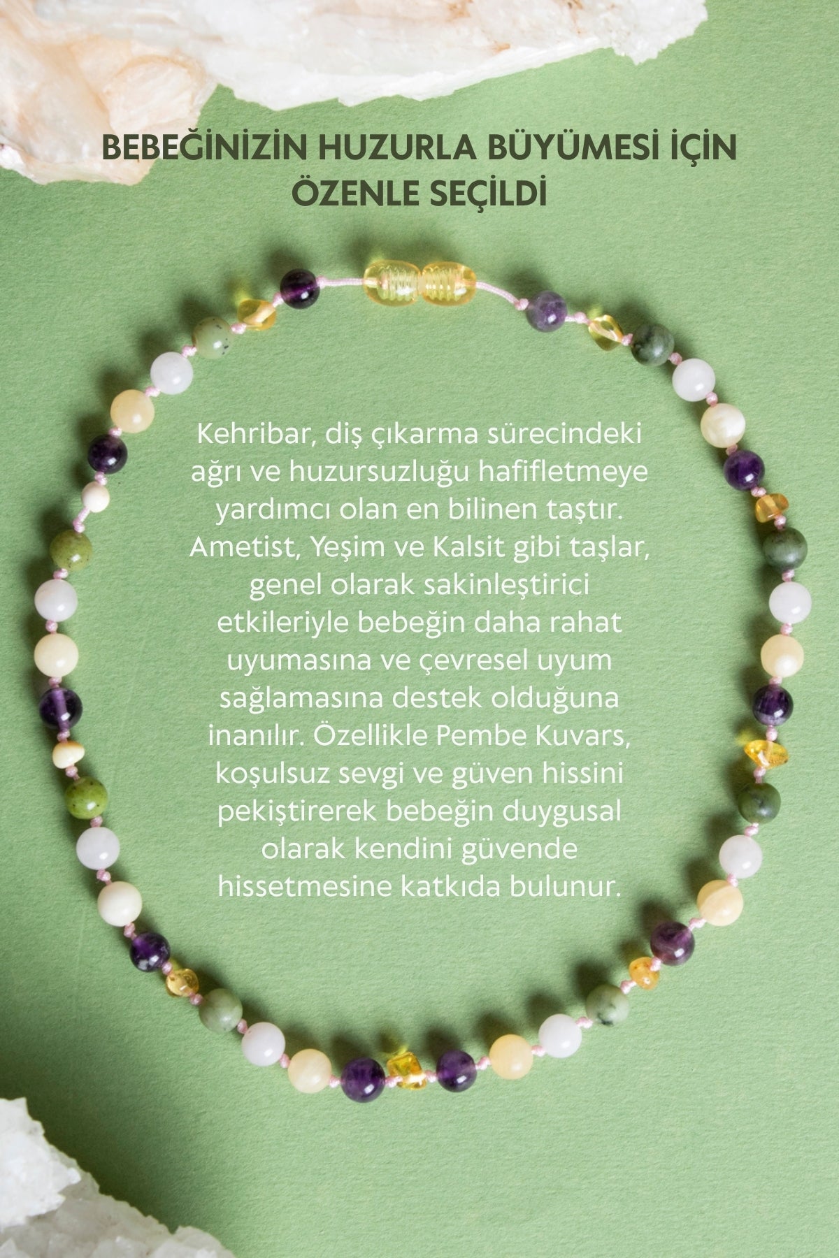 Sertifikalı Bebek Kehribar Kolye- Ametist-kehribar-kalsit-yeşim-pembe Kuvars