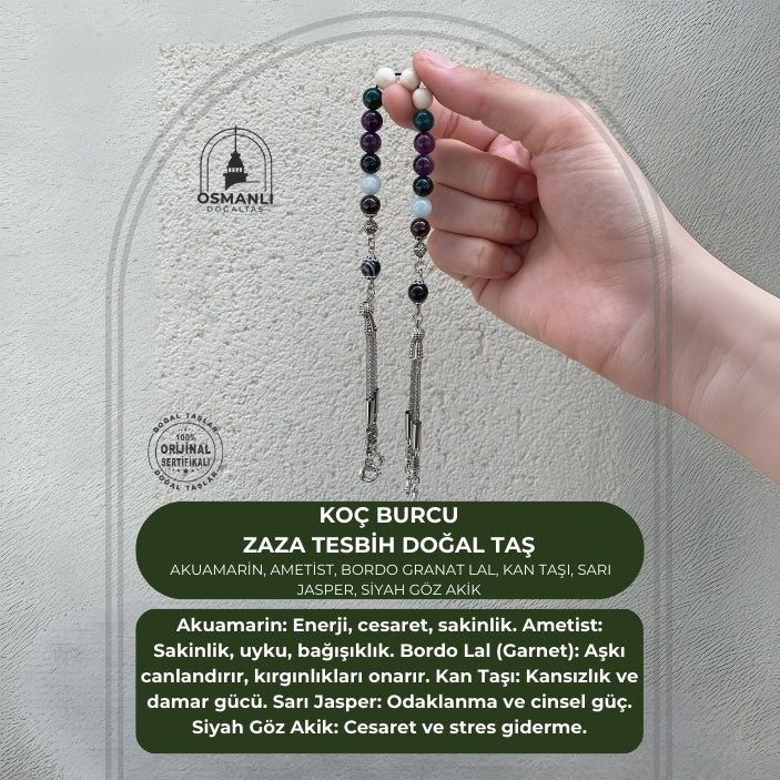 Koç Burcu Zaza Tesbih Doğal Taş Akuamarin, Ametist, Bordo Granat Lal, Kan Taşı, Sarı Jasper, Siyah Göz Akik