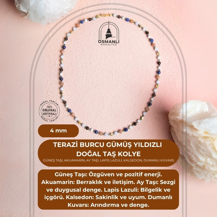 Sertifikalı Terazi Burcu Gümüş Yıldızlı Doğal Taş Kolye