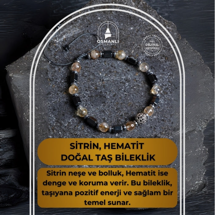 Sertifikalı Sitrin, Hematit Doğal Taş Makrome Bileklik
