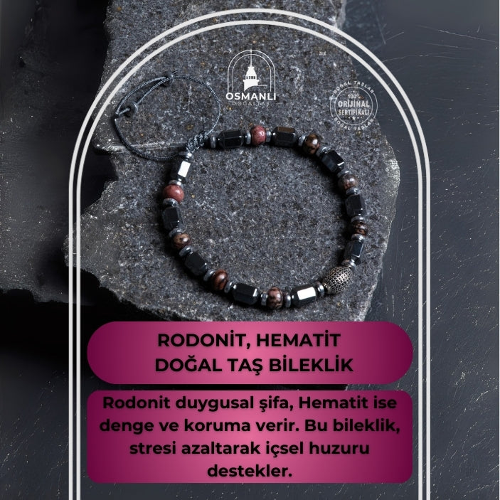 Sertifikalı Rodonit, Hematit Gümüş Aparat Doğal Taş Makrome Bileklik