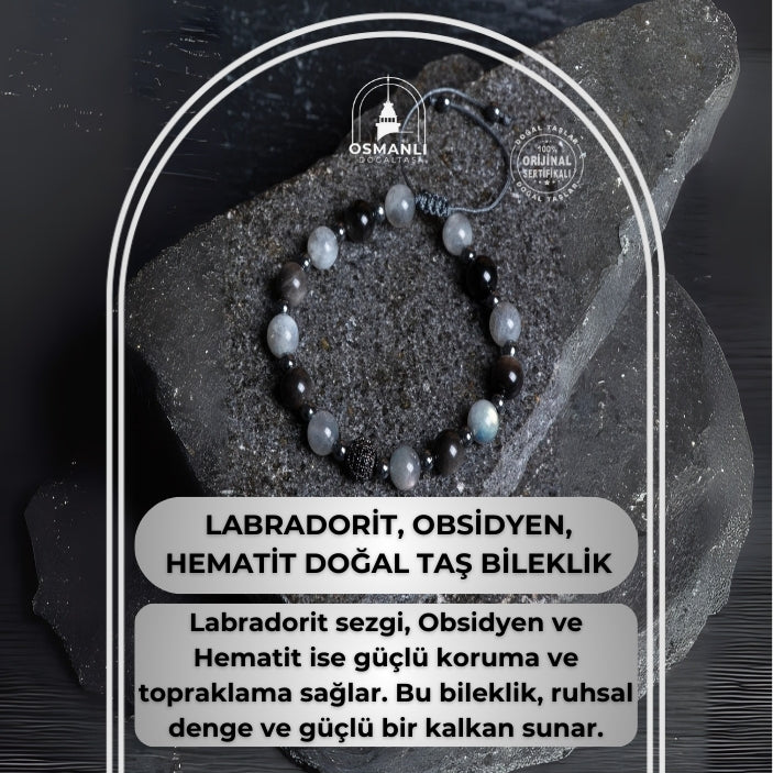 Sertifikalı Labradorit, Obsidyen, Hematit Doğal Taş Makrome Bileklik