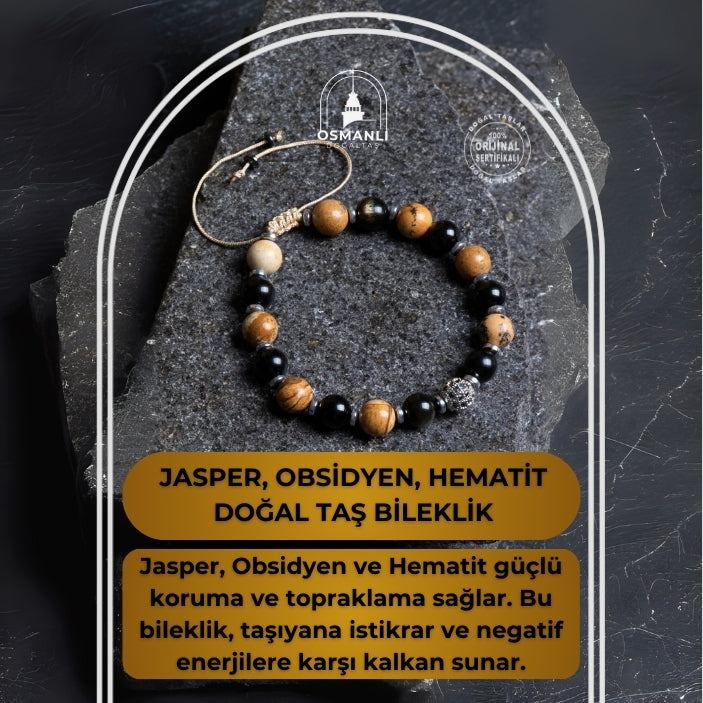 Sertifikalı Jasper, Obsidyen, Hematit Doğal Taş Makrome Bileklik