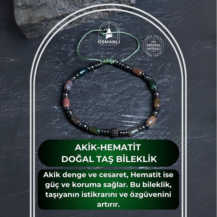 Sertifikalı Akik, Hematit Doğal Taş Makrome Bileklik