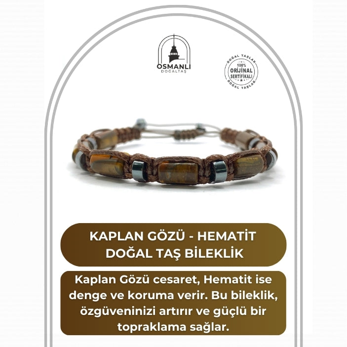 Sertifikalı Hakiki Orijinal Kaplan Gözü - Hematit  Doğal Taş İpli Bileklik (Köşeli Makrome Model)