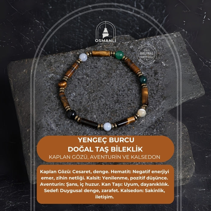 Sertifikalı Kaplan Gözü, Aventurin ve Kalsedon Yengeç Bilekliği