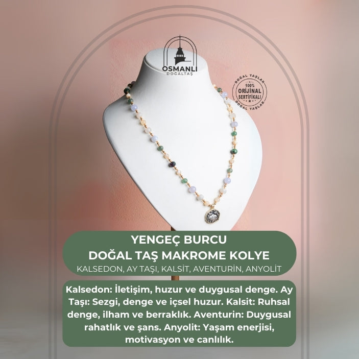 Sertifikalı Yengeç Burcu Doğal Taş Makrome Kolye