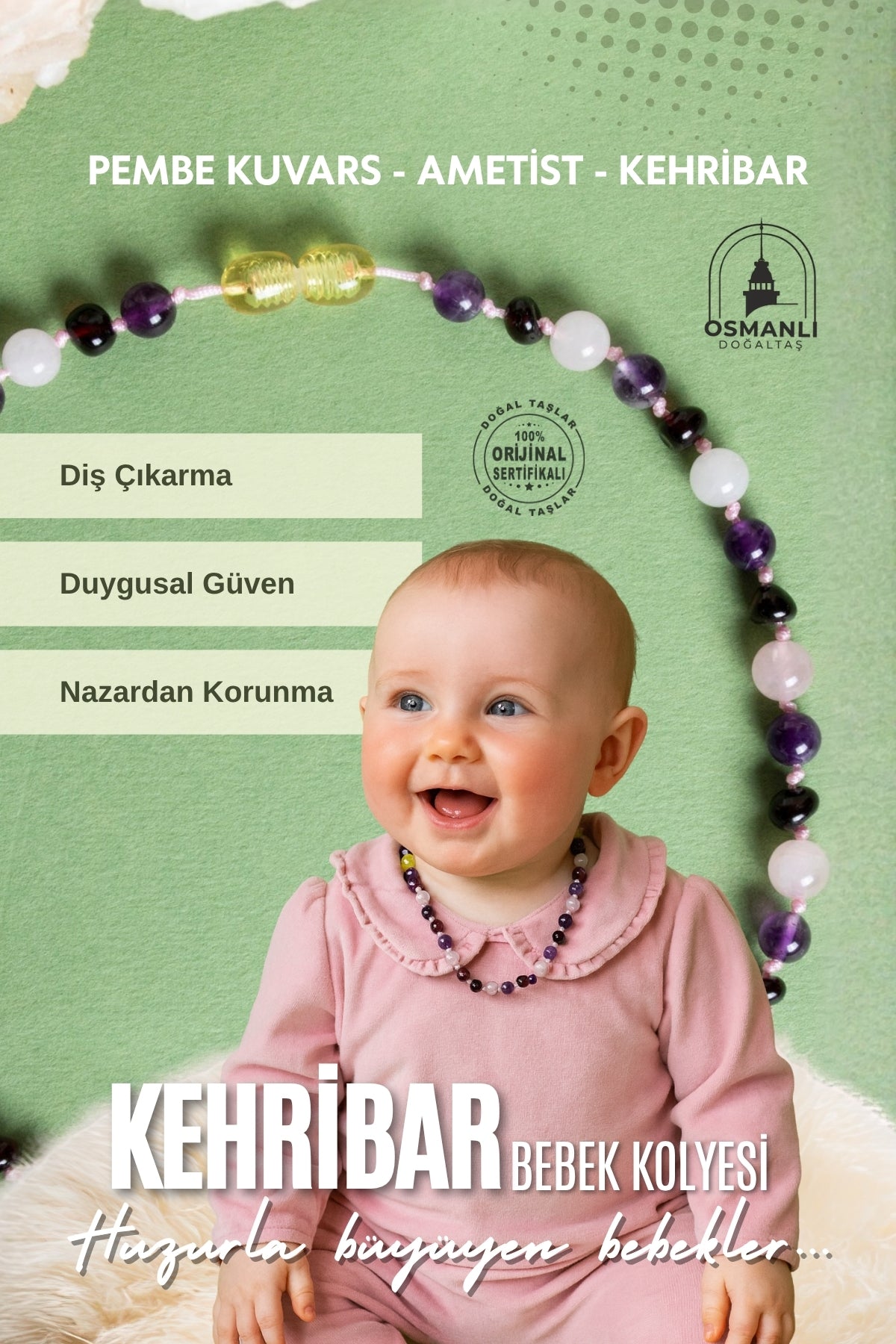 Sertifikalı Bebek Kehribar Kolye-ametist-kehribar-pembe Kuvars (33-35 CM)