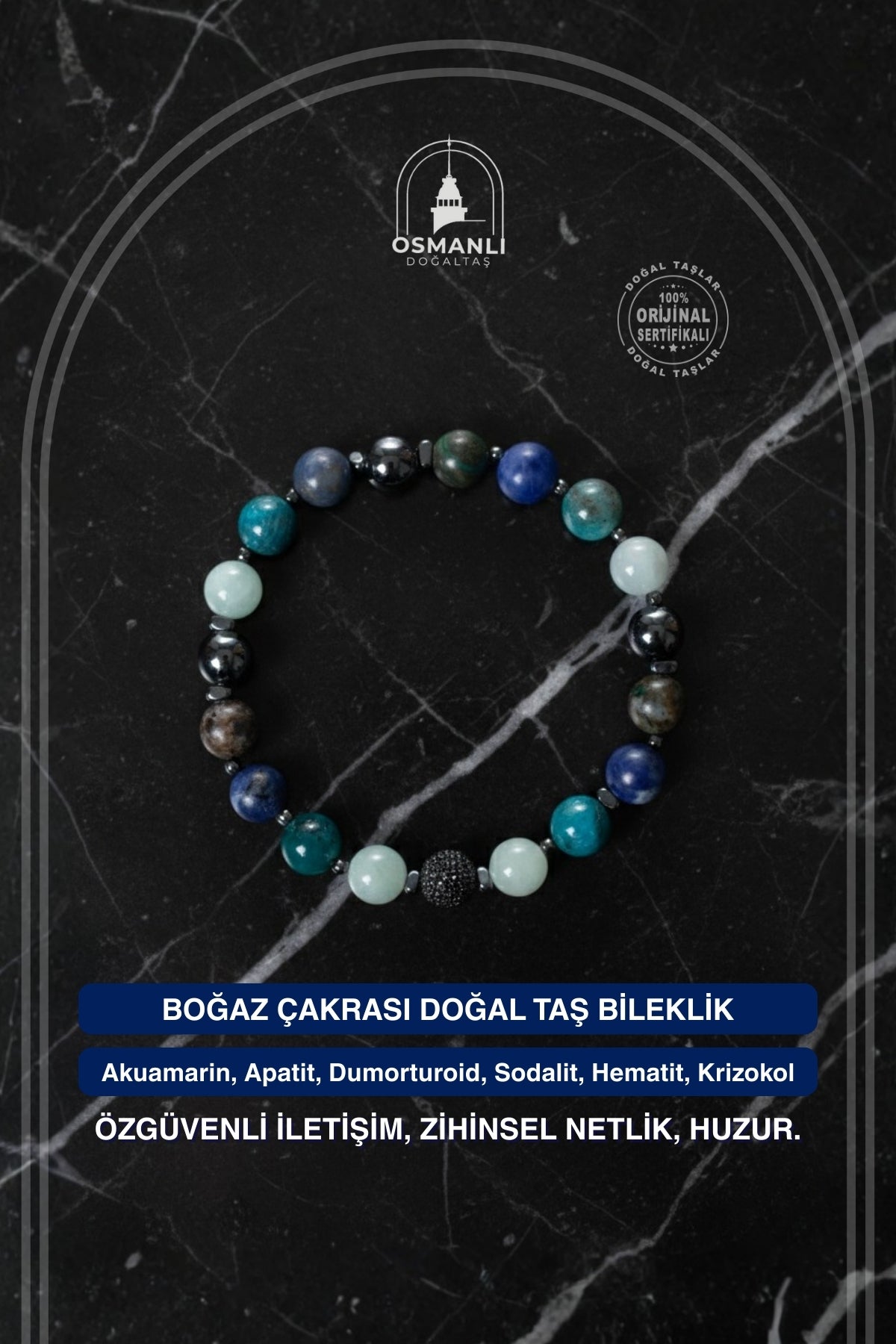 Sertifikalı Boğaz Çakrası Doğal Taş Bileklik