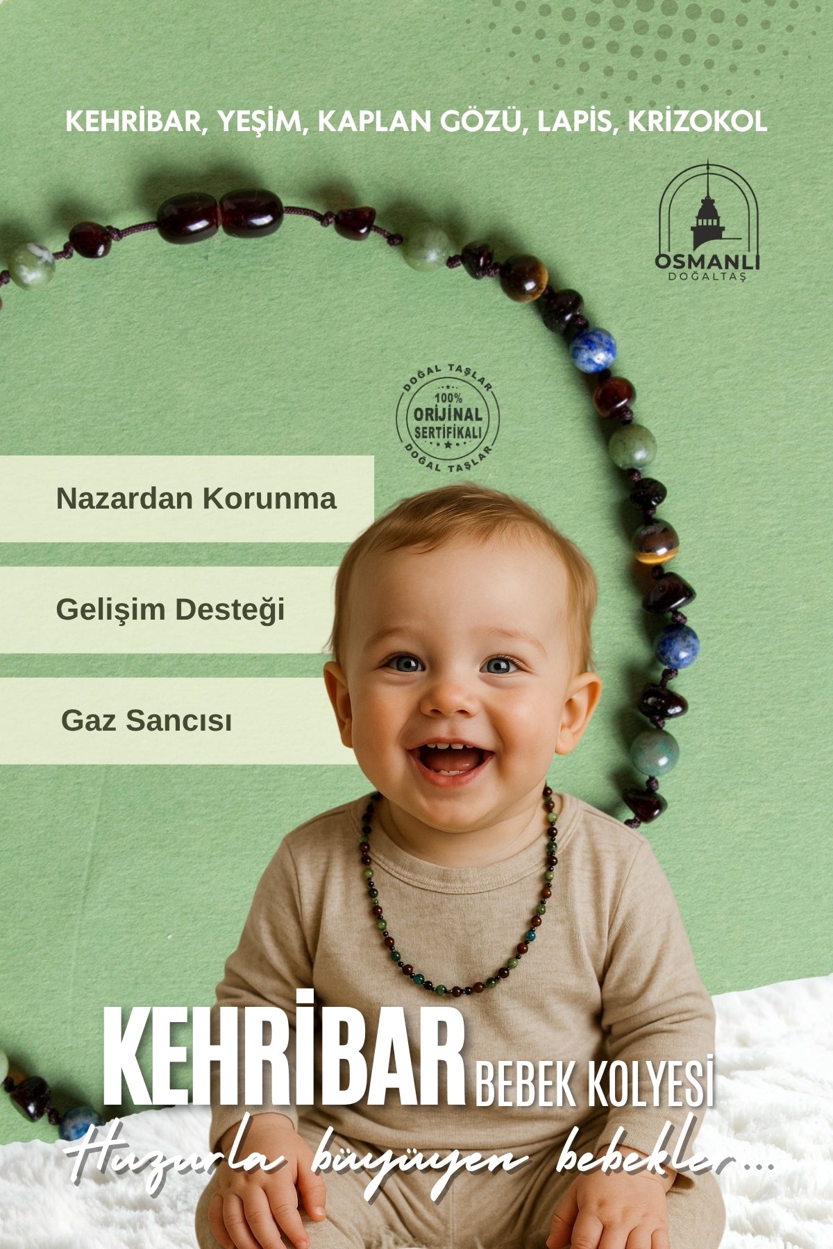 Sertifikalı Doğal Taş Bebek Kolye-yeşim,lapis,kehribar,kaplan Gözü,krizokol M106