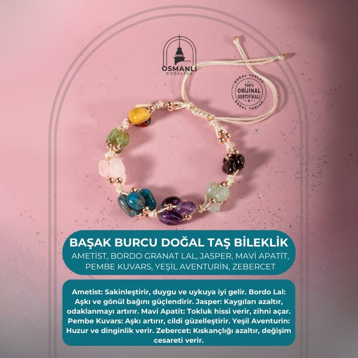 Başak Burcu Bileklik Ametist, Bordo Granat Lal, Jasper, Mavi Apatit, Pembe Kuvars, Yeşil Aventurin, Zebercet (Peridot)