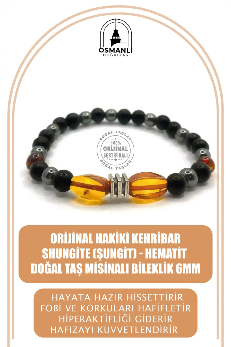 Orijinal Hakiki Kehribar - Shungite (Şungit) - Hematit Doğal Taş Misinalı Bileklik 6mm