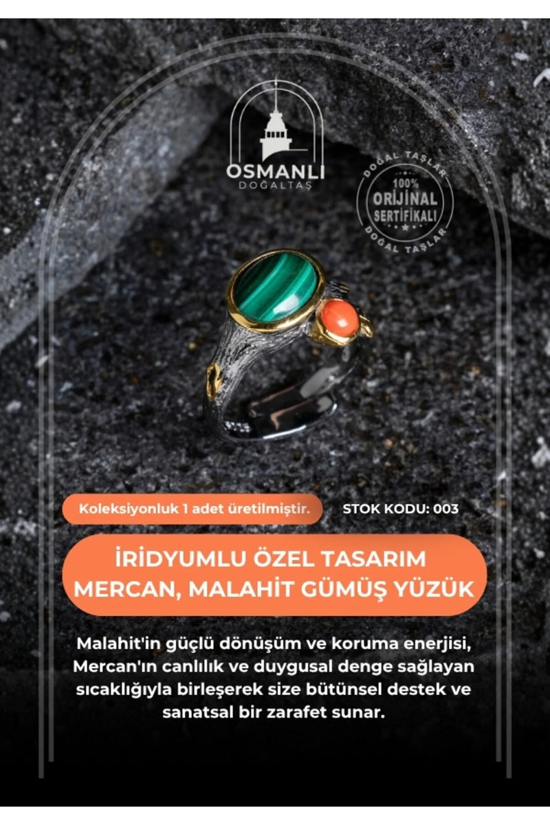 Sertifikalı İridyumlu Mercan, Malahit Özel Tasarım Gümüş Yüzük (Kadın) (SK:003)