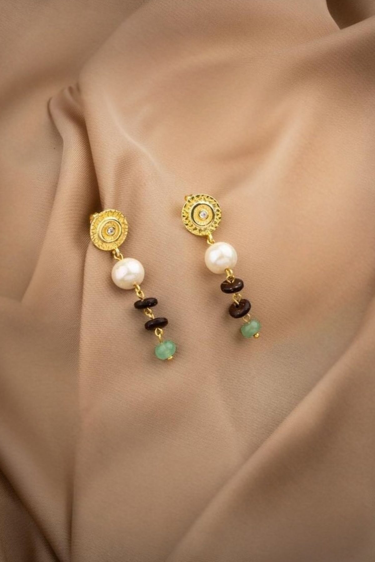 Hindistan Cevizi Kabuğu-Yeşil Aventurin-İnci Doğal Taş Gümüş Küpe