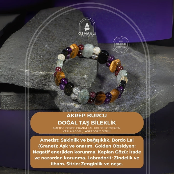 Akrep Burcu Bileklik Ametist, Bordo Granat Lal, Golden Obsidyen, Kaplan Gözü, Labradorit, Sitrin