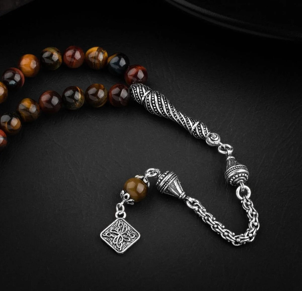 Kaplan Gözü Doğal Taş 8mm Gümüş İmameli Tesbih