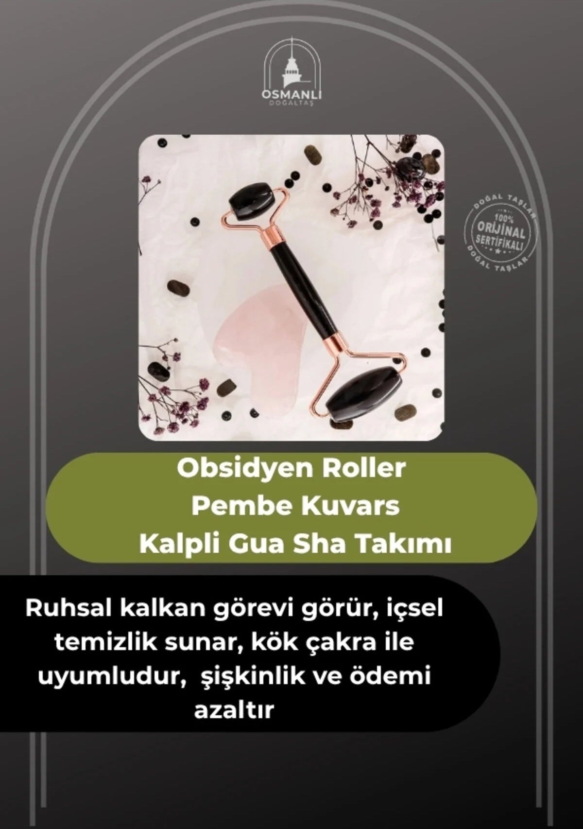 Obsidyen Roller ve Pembe Kuvars Kalpli Gua Sha Takımı
