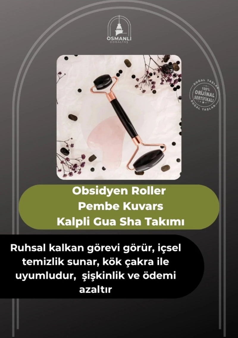 Obsidyen Roller ve Pembe Kuvars Kalpli Gua Sha Takımı