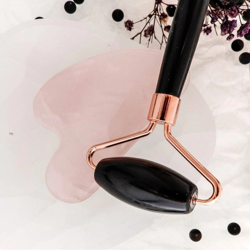 Obsidyen Roller ve Pembe Kuvars Kalpli Gua Sha Takımı