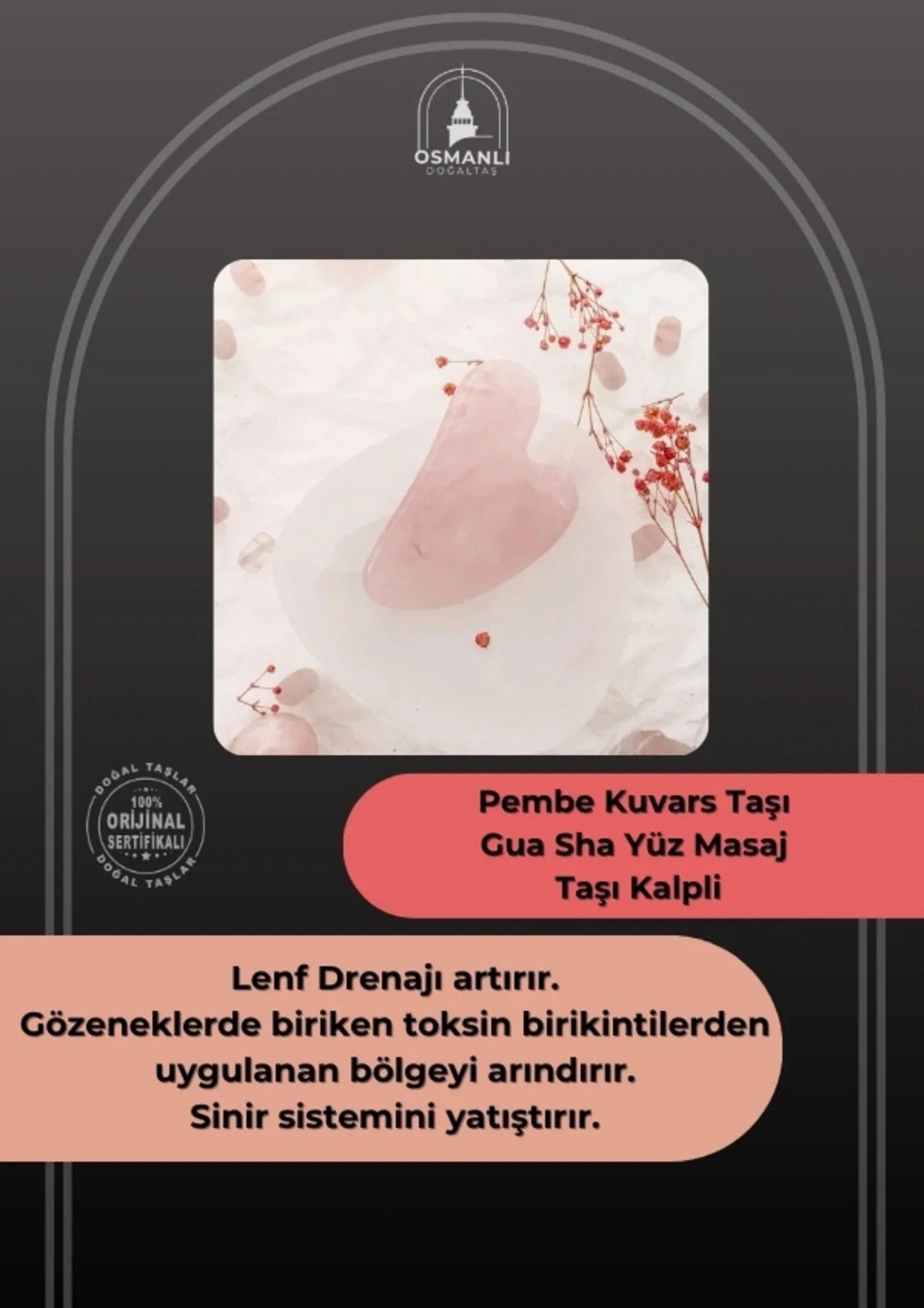 Pembe Kuvars Taşı Gua Sha Yüz Masaj Taşı Kalpli