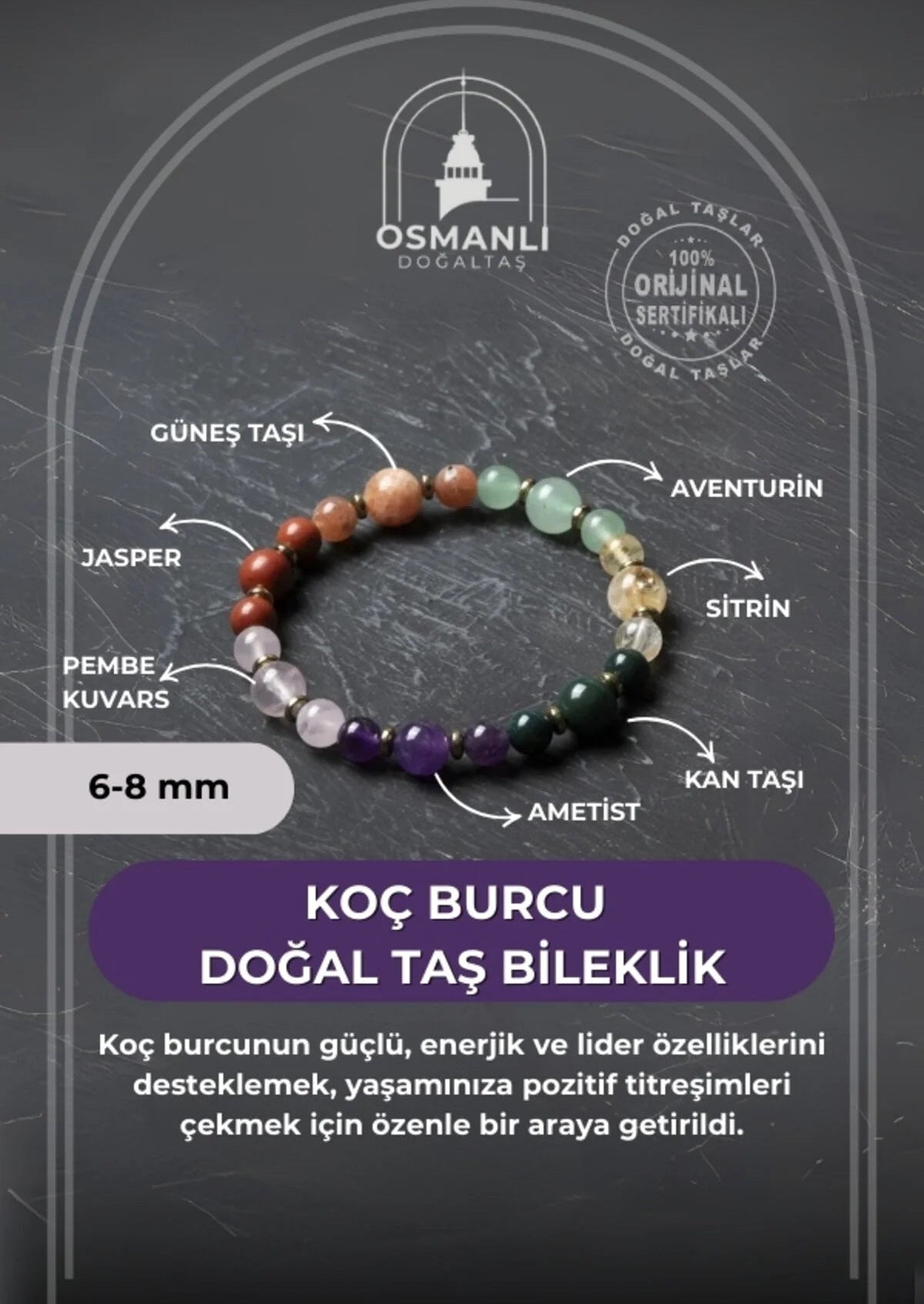 Osmanlı Doğal Taş Sertifikalı Koç Burcu Doğal Taş Bileklik