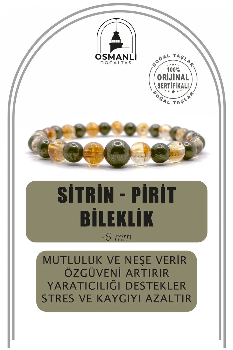 Sertifikalı Orijinal Hakiki 6mm Sitrin - Pirit Doğal Taş Misinalı Bileklik