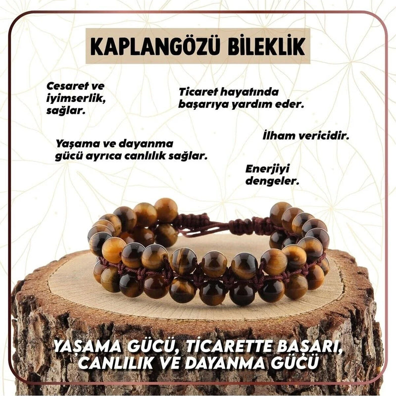 Kaplan Gözü 8mm Çift Sıra Makrome Doğal Taş Bileklik