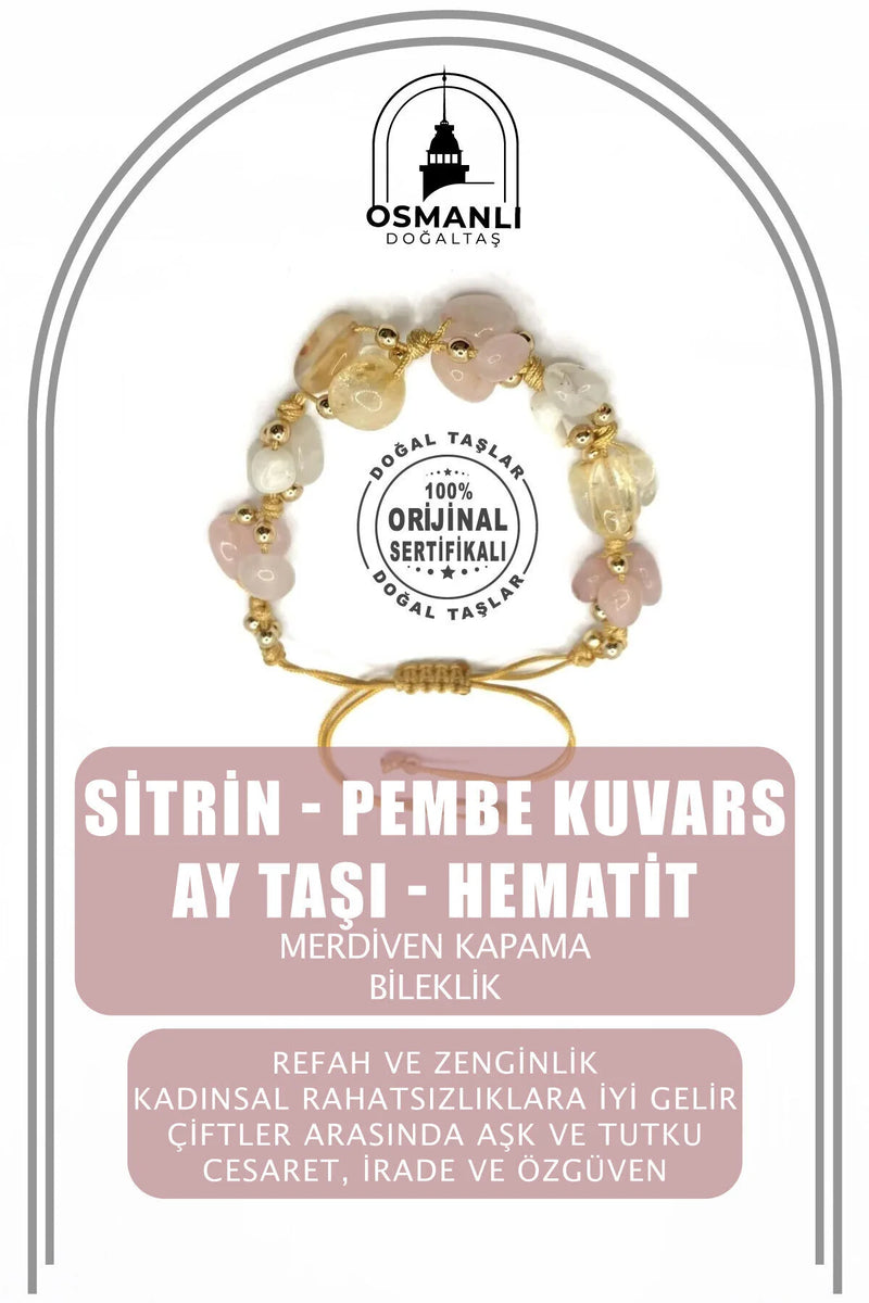 Sertifikalı Hakiki Orijinal Sitrin - Pembe Kuvars - Ay Taşı - Hematit Doğal Taş İpli Merdiven Kapama Bileklik
