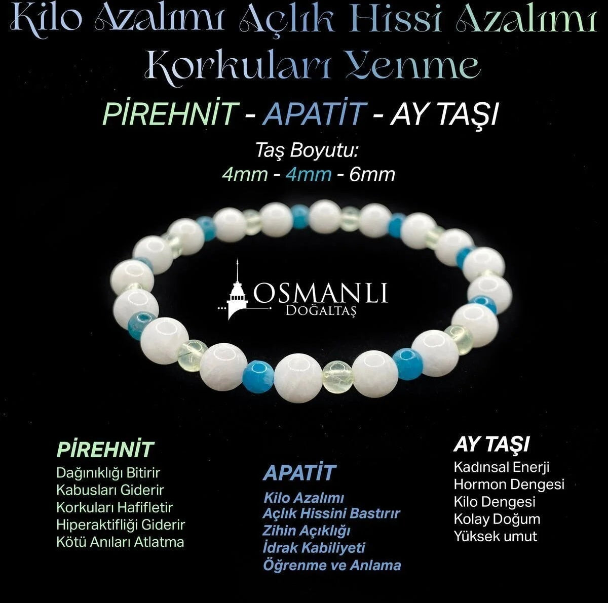 Zayıflama Açlık Bastırma Korkuları Azaltma Bilekliği - Ay Taşı - Prehnit - Apatit