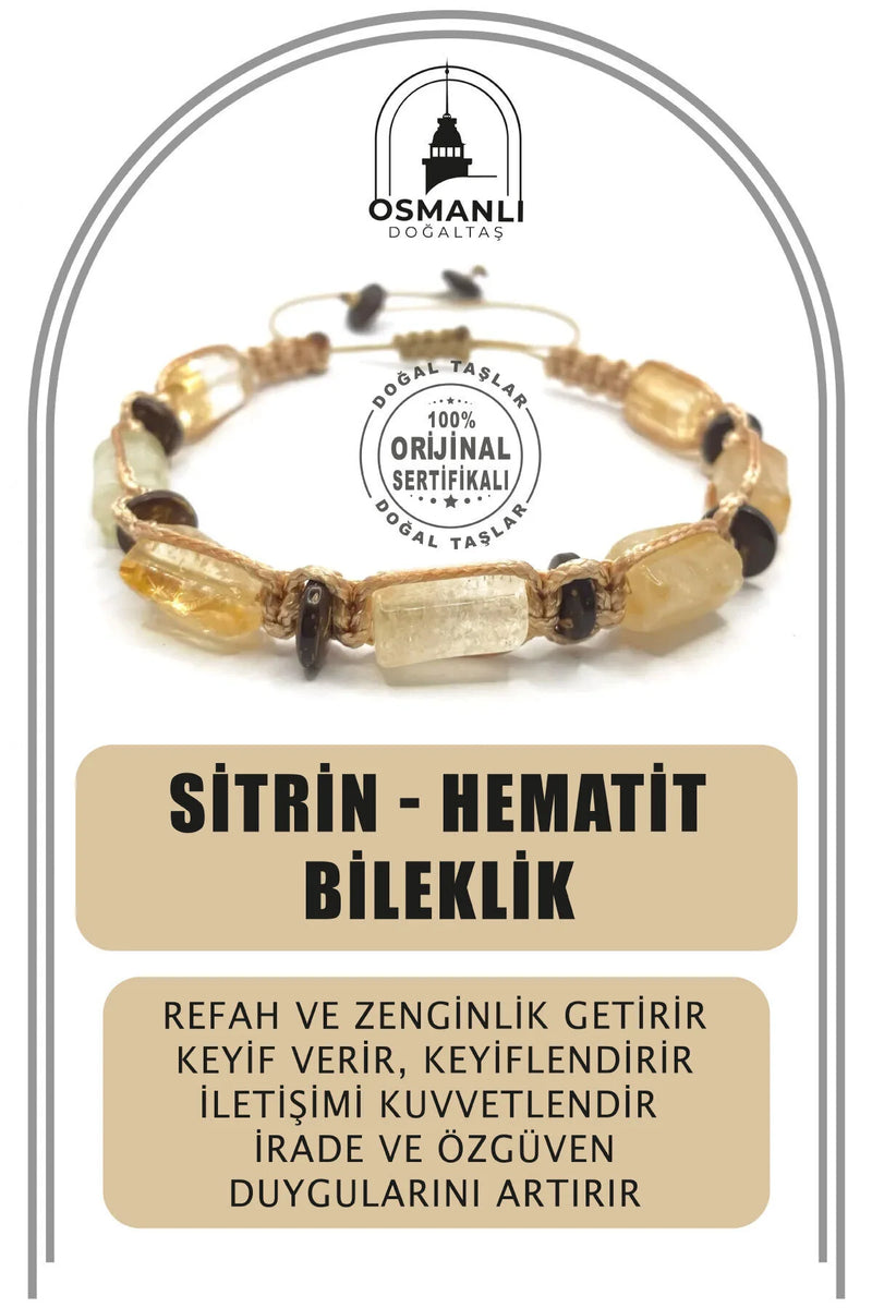 Sertifikalı Hakiki Orijinal Sitrin - Hematit  Doğal Taş İpli Bileklik (Köşeli Makrome Model)