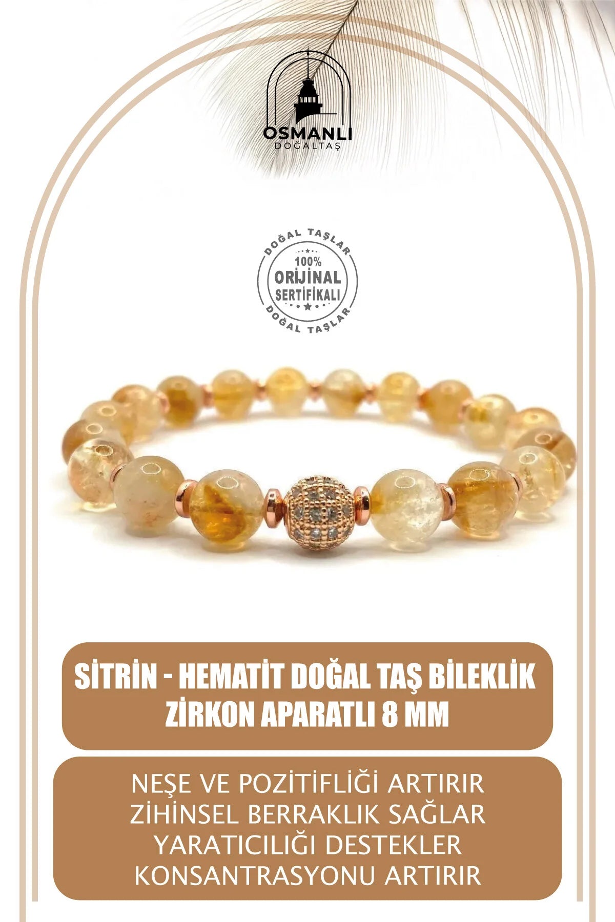 Hakiki Orijinal Sertifikalı Sitrin - Hematit Doğal Taş Bileklik Zirkon Aparatlı 8 mm