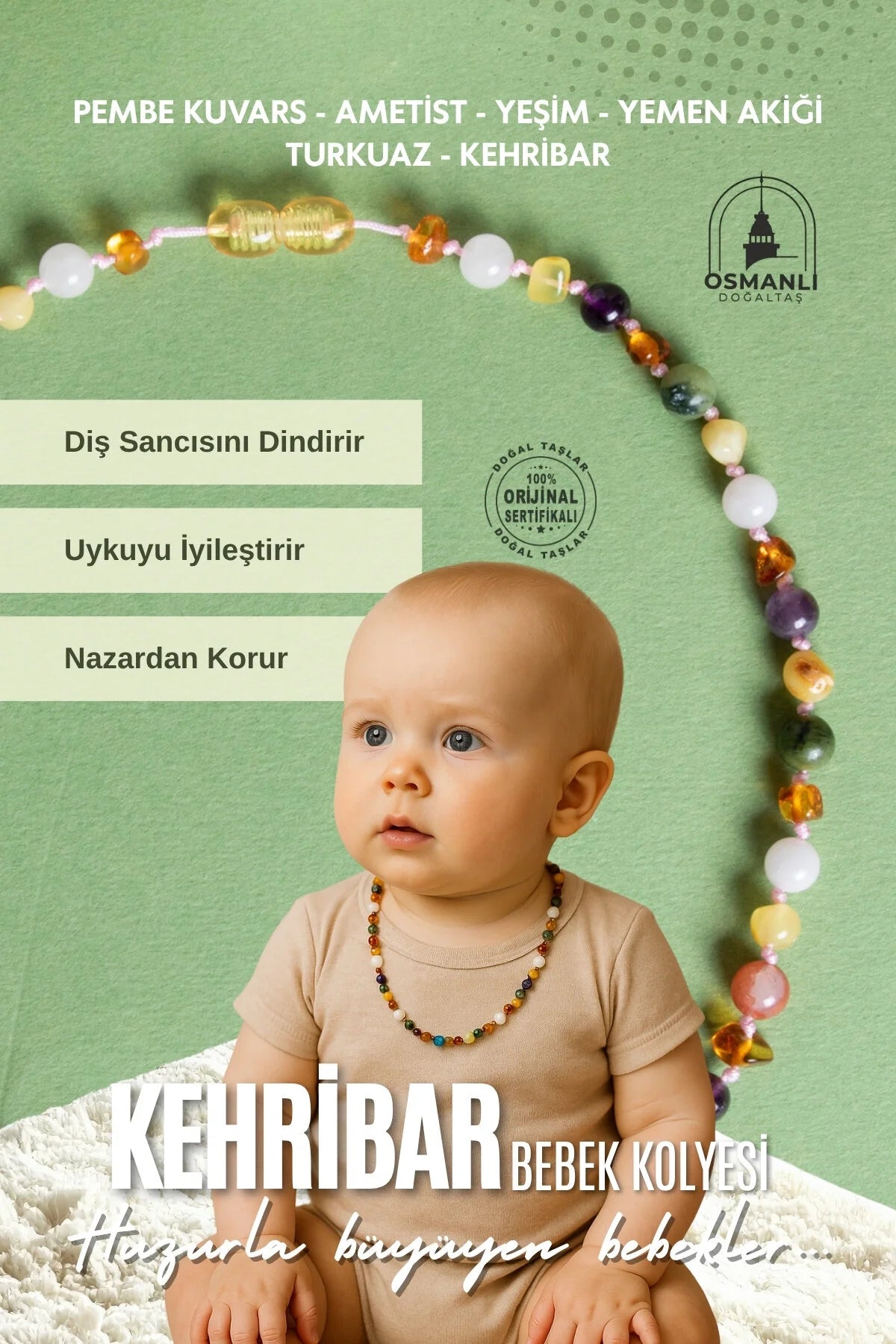 Sertifikalı Kehribar-yeşim-ametist-hakiki Yemen Akik-hakiki Turkuaz- Pembe Kuvars bebek Kolyesi M204