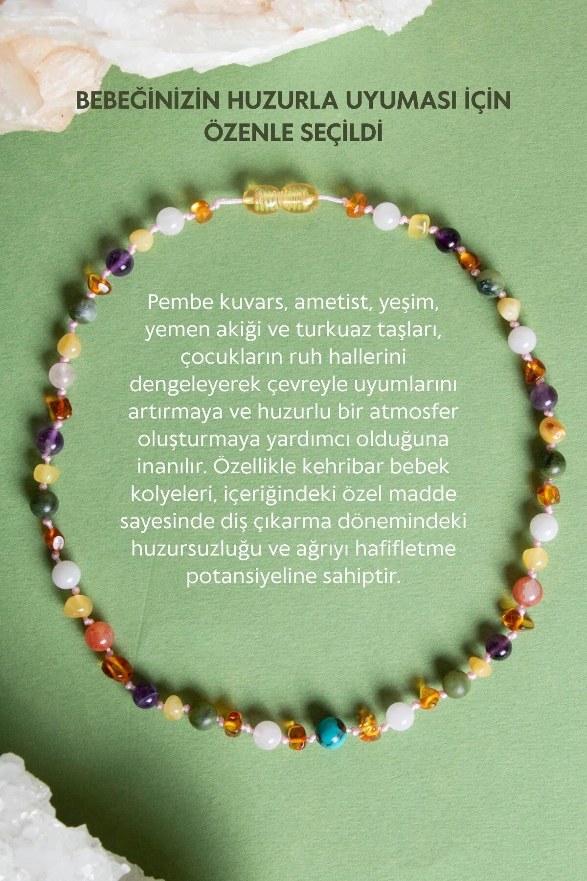 Sertifikalı Kehribar-yeşim-ametist-hakiki Yemen Akik-hakiki Turkuaz- Pembe Kuvars bebek Kolyesi M204