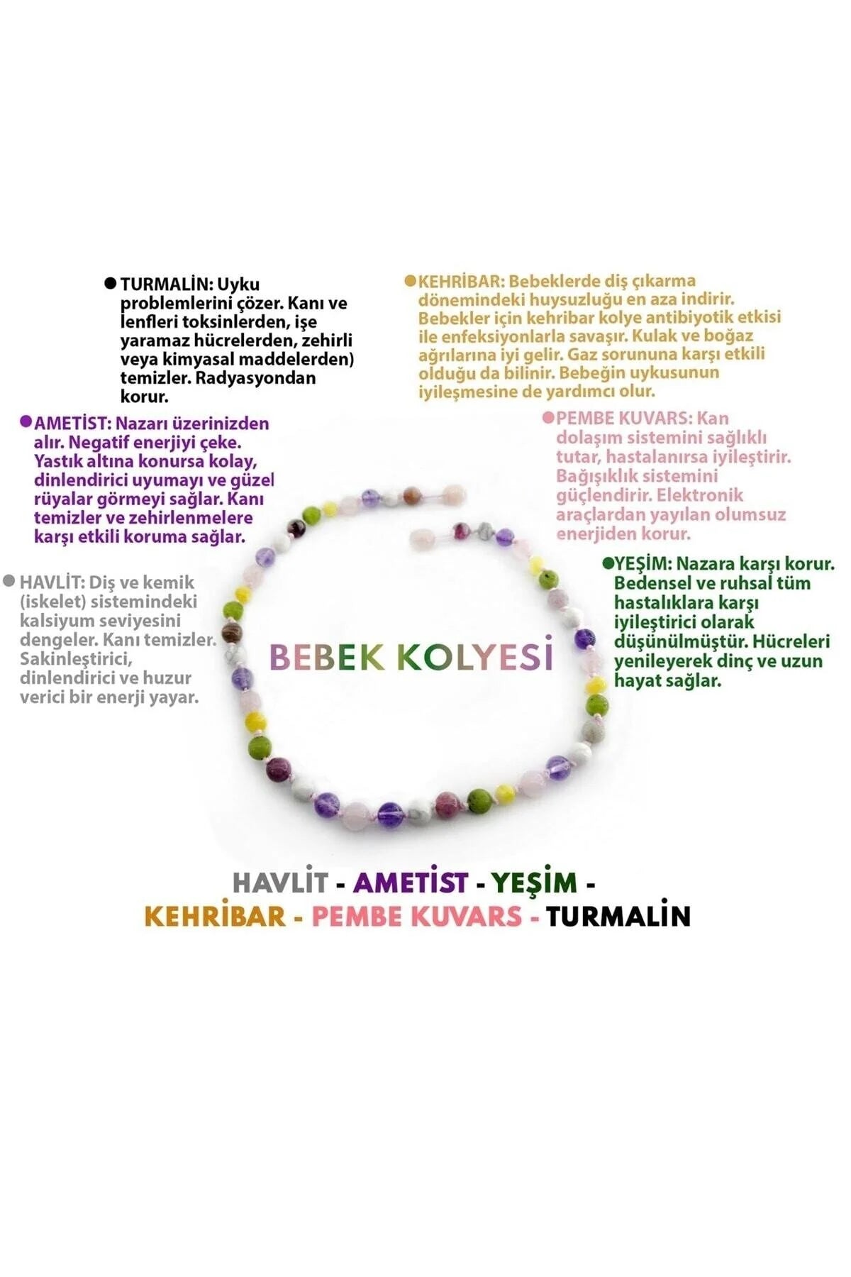 Sertifikalı Kehribar-turmalin-ametist-havlit-yeşim-pembe Kuvars-bebek Kolyesi M203