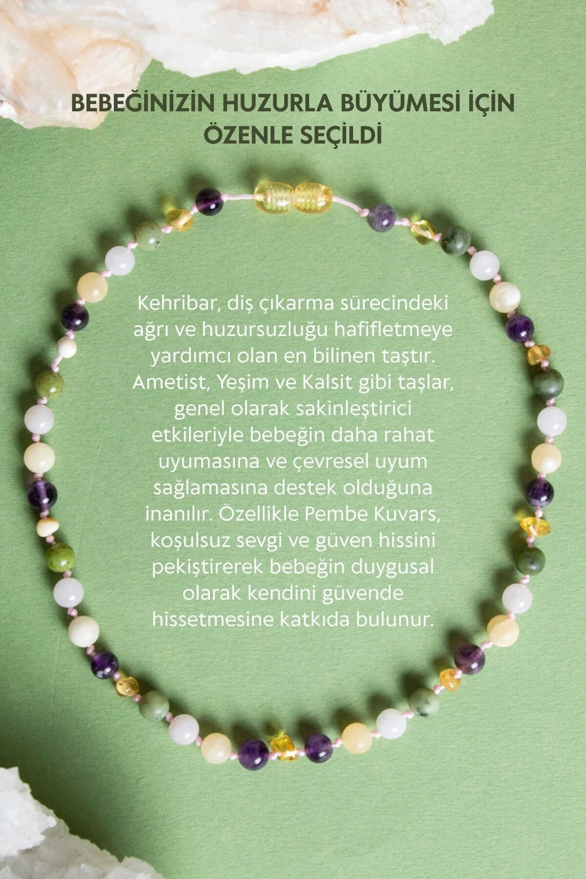 Sertifikalı Bebek Kehribar Kolye- Ametist-kehribar-kalsit-yeşim-pembe Kuvars