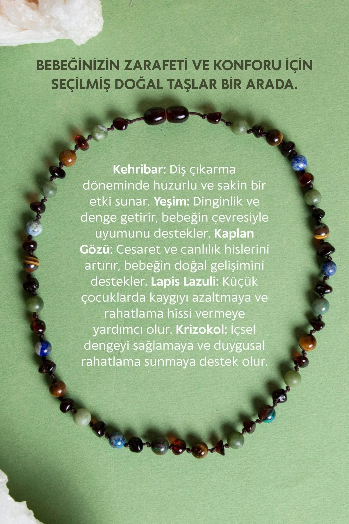 Sertifikalı Doğal Taş Bebek Kolye-yeşim,lapis,kehribar,kaplan Gözü,krizokol M106