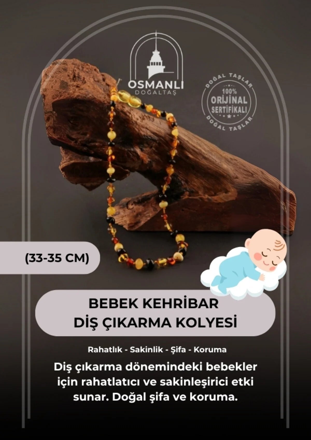 Sertifikalı Bebek  Doğal Taş Kolye 33-35cm