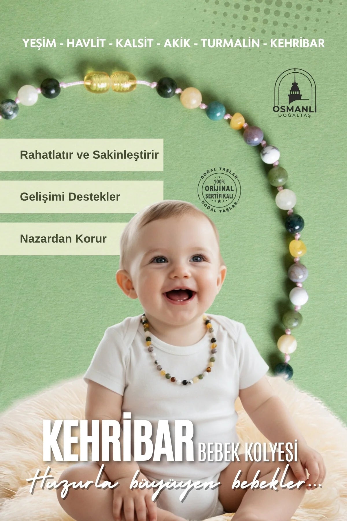 Sertifikalı Bebek Kehribar Kolye-Kehribar, Yeşim, Havlit, Kalsit, Hint Akik, Yosunlu Akik