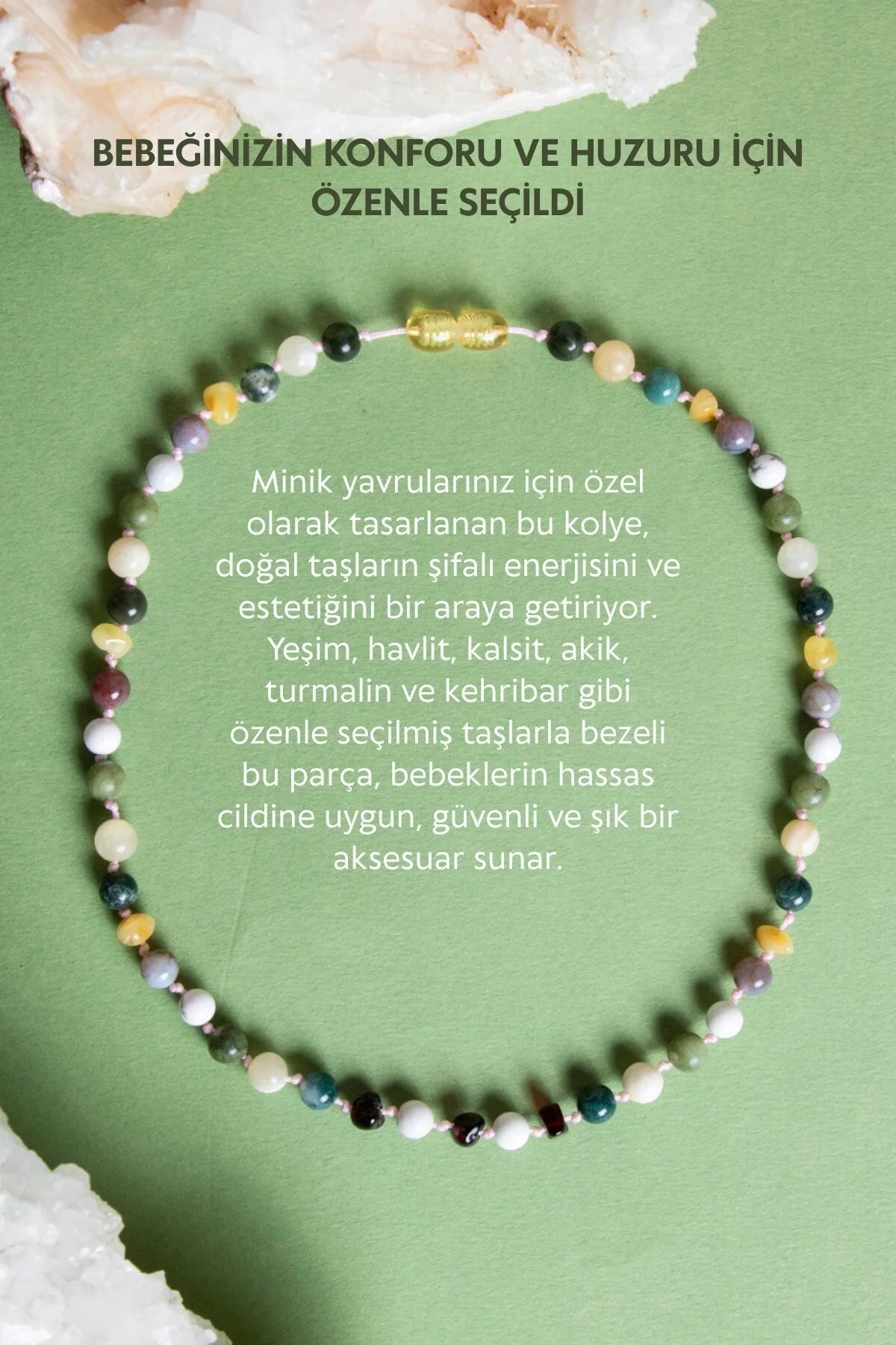 Sertifikalı Bebek Kehribar Kolye-Kehribar, Yeşim, Havlit, Kalsit, Hint Akik, Yosunlu Akik