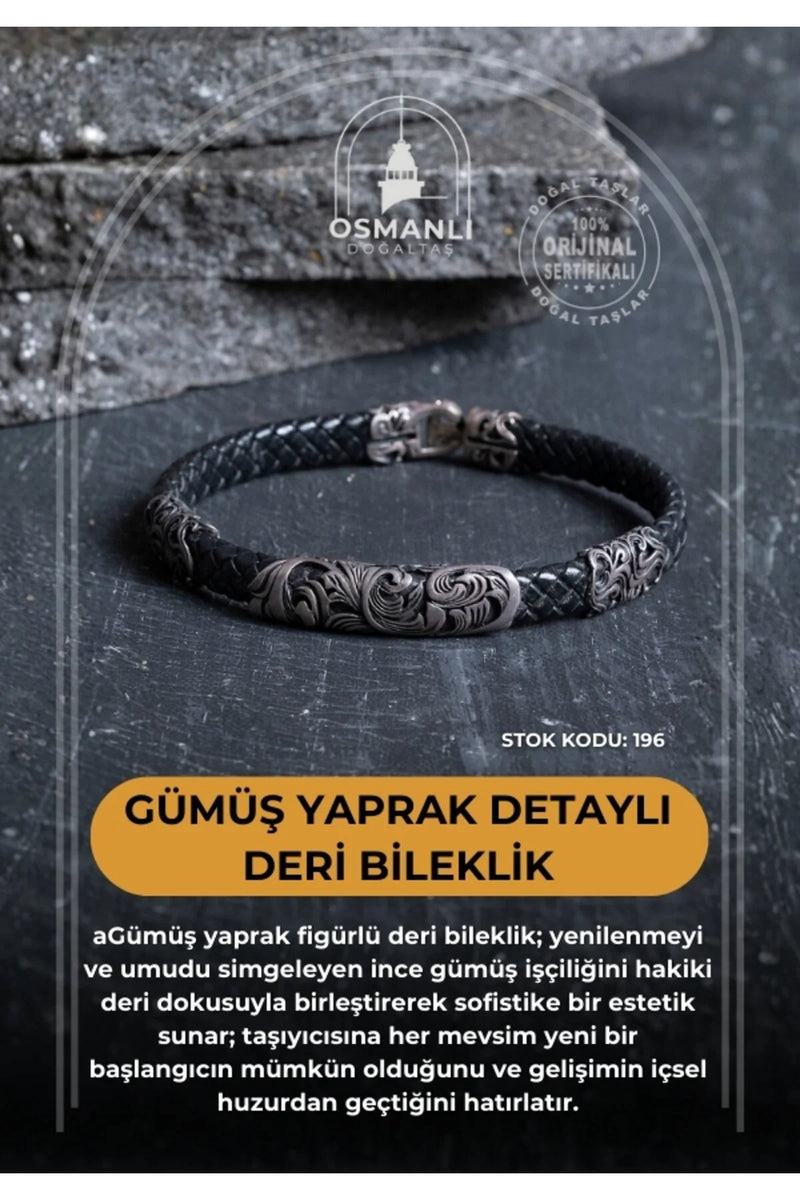 Sertifikalı Gümüş Yaprak Detaylı Deri Bileklik (SK:196)