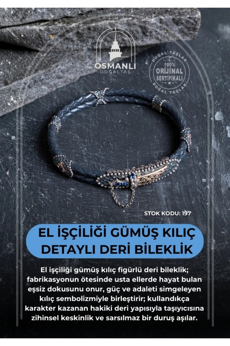 Sertifikalı El İşçiliği Gümüş Kılıç Detaylı Deri Bileklik (SK:197)