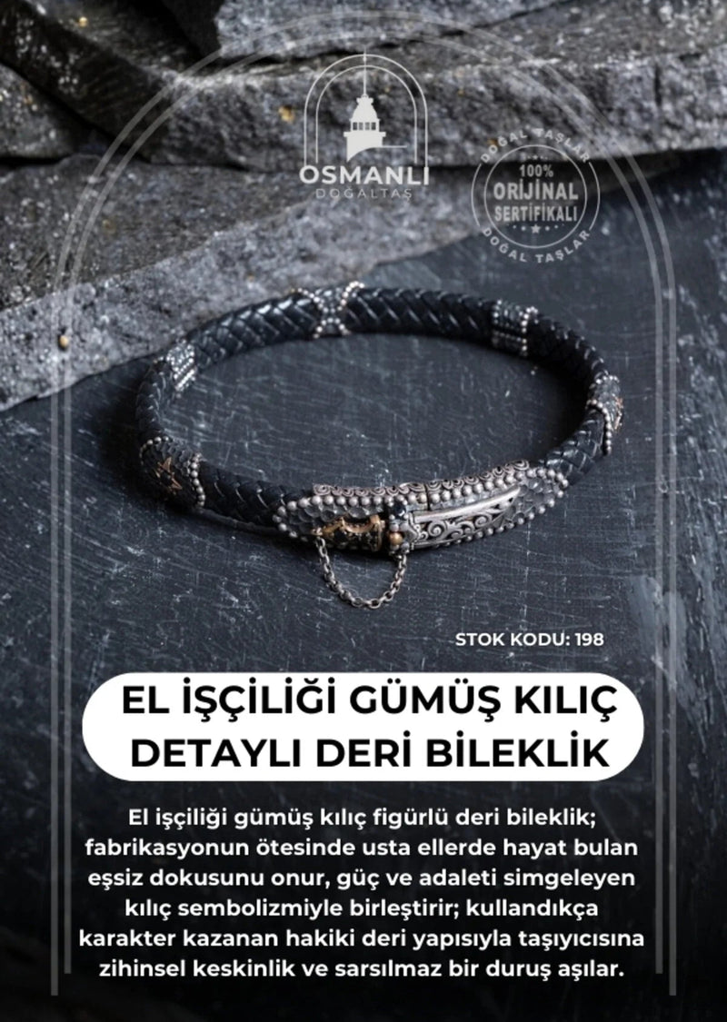 Sertifikalı El İşçiliği Gümüş Kılıç Detaylı Deri Bileklik (SK:198)